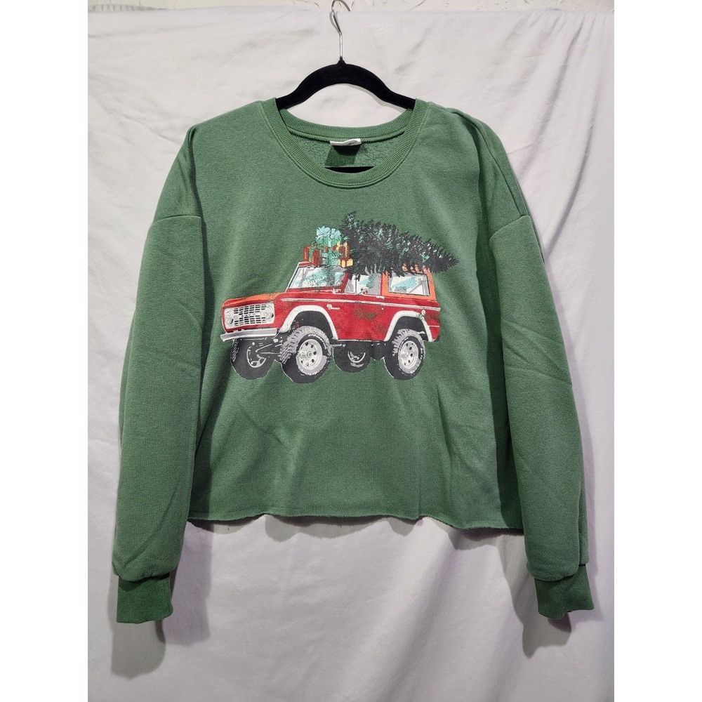 Ford Bronco Women's Large Green Sweatshirt Long Sleeve Crop Christmas Tree